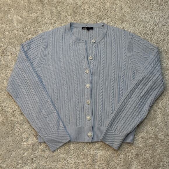 Maje Sz 3 US L Wool Cashmere Baby Blue Cable Knit Button Up Cardigan Sweater - Picture 2 of 12